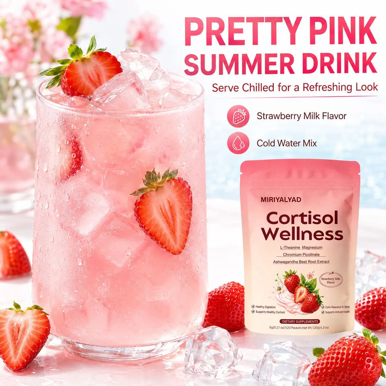 Cortisol Wellness Drink Mix, 4 Forms Magnesium Powder with Ashwagandha, L-Theanine, Chromium Picolinate, Beetroot Extract, Vitamin B6 B12 C D3, Strawberry Milk Flavor, Supports Healthy Cortisol, Menopausal Use, Feminine Care Regulate Ph Balance