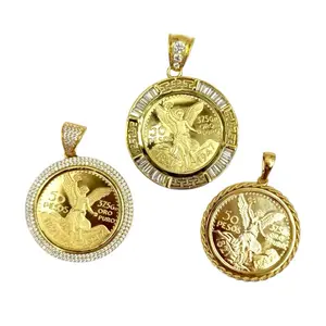 Mexican Centenary Charms Gold-Toned Coin Pendants with Angel Design & 50 Pesos Jewelry Réplica Gold Plated Round Zirconia Frame