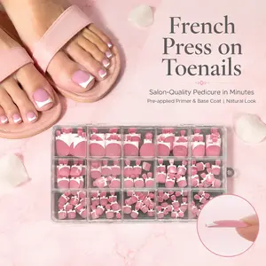150Pcs French Tip Square Press On Toe Nails, Berry Pink Soft Gel False Toenails, Full Cover Nail Extensions for DIY - 15 Sizes