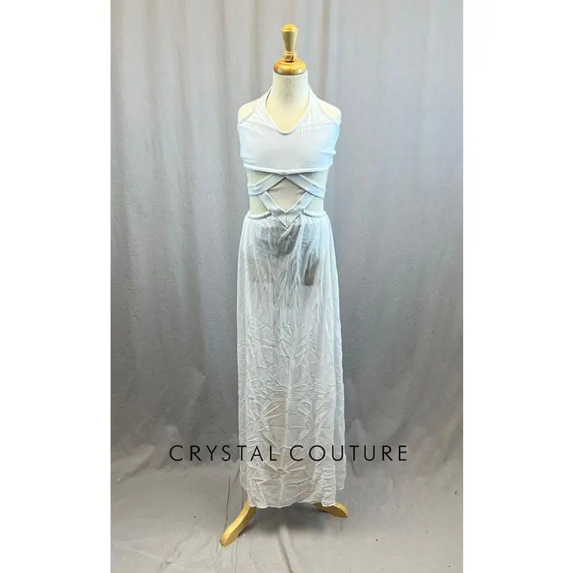 White Mesh Cutout Connected Two Piece with Long Mesh Skirt with a Slit