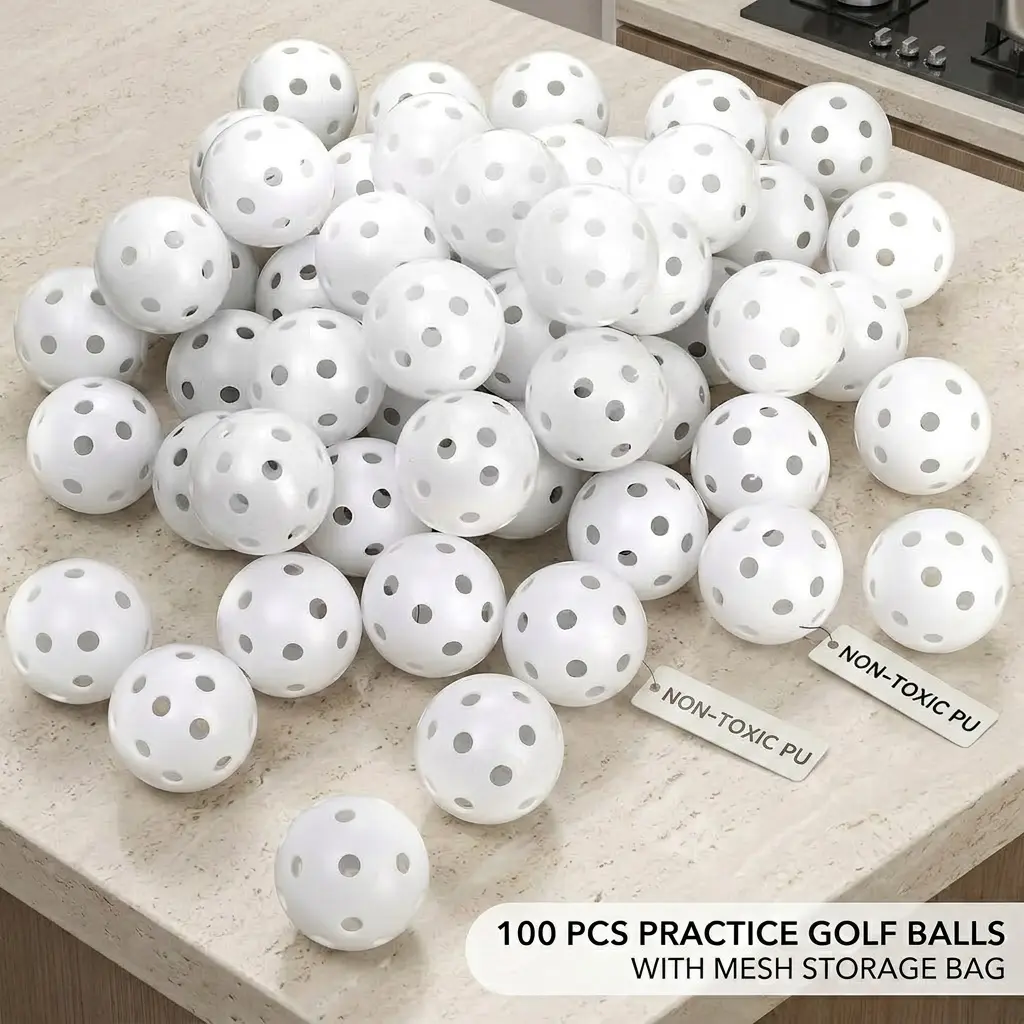 100-Pack Lightweight Polyurethane Practice Golf Balls, 41mm Plastic Hollow Airflow Training Balls - Limited Distance for Driving Range, Indoor Swing Practice (White)