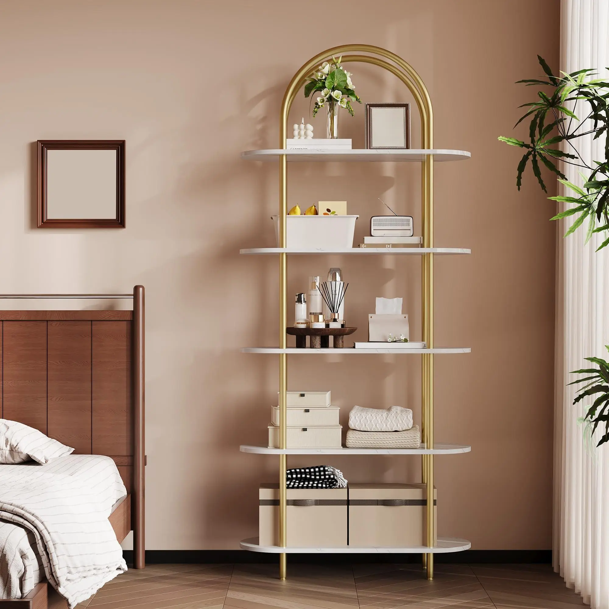 Set of 2 5 Stage Curved Bookshelf,180CM Modern Exhibition Shelf With Metal Frame And Adjustable Feet,Open Book Shelf For Bedroom,Living Room