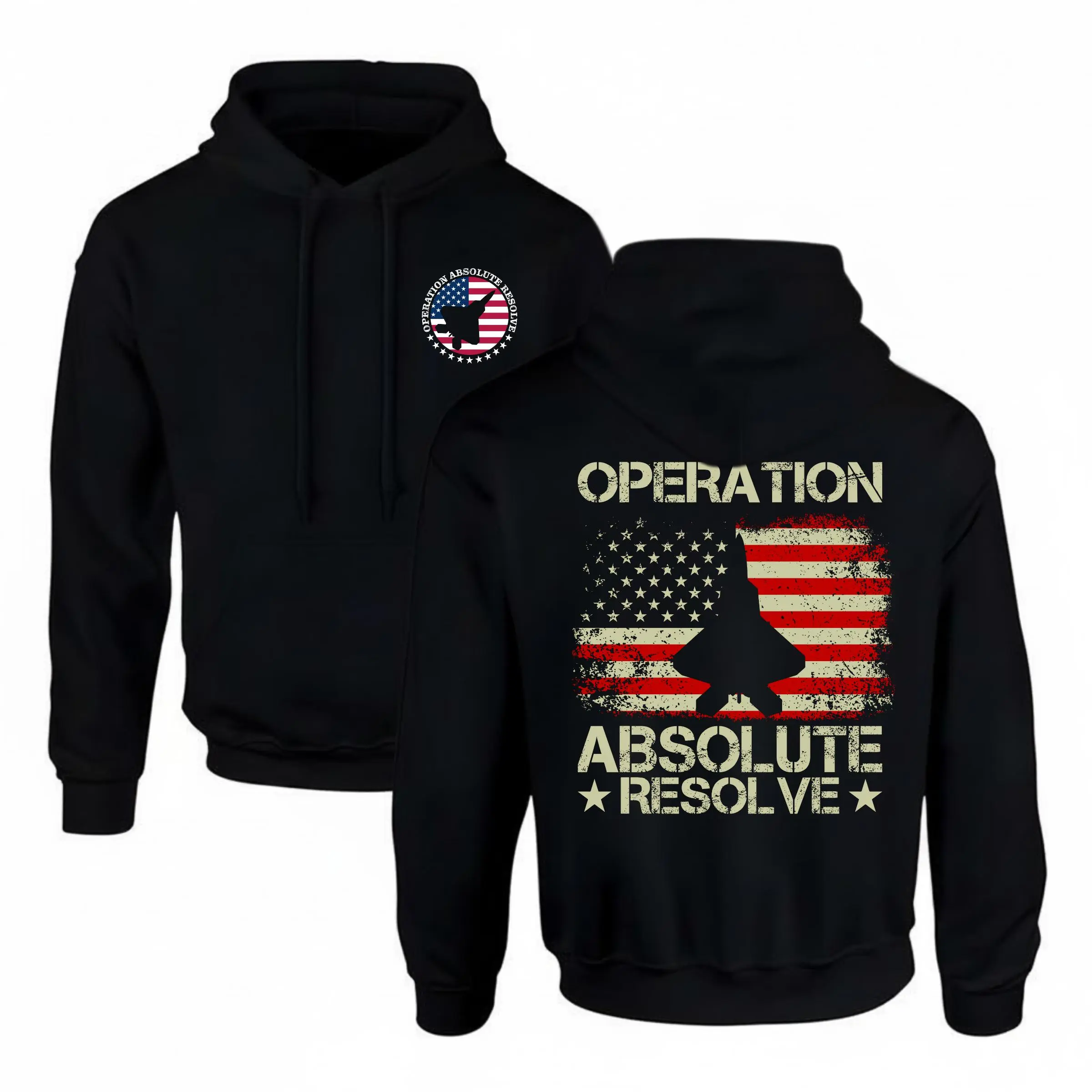 US Air Force F-22 Spirit Jet Operation Absolute Resolve with American Flag T-Shirt, Delta Force Patriotic Pride 2 Sided Design, Unisex Cotton T-Shirt For Men, Womenswear, Gift For Him