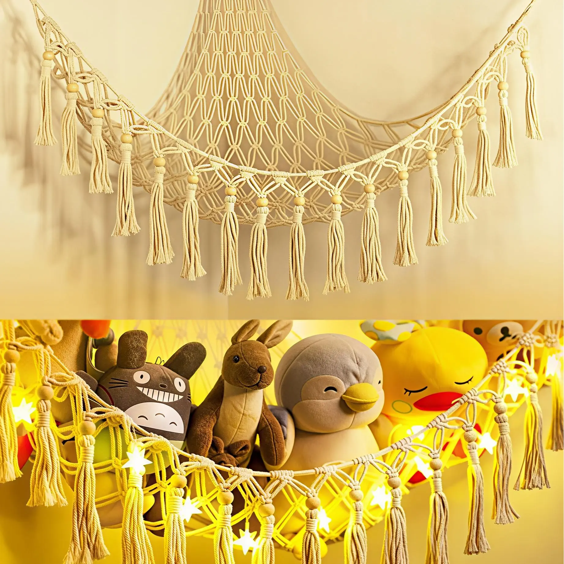 Stuffed Animal Toy Storage Hammock with LED Light - Macrame Jumbo Doll Corner Stuff Animals Organizer Decorations - Cute Hanging Plushie Net Kids Baby Nursery Bedroom Room Decor