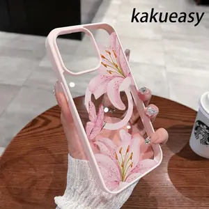 Pink Lilies Magnetic Phone Case Is SuitableForIPhone 16/15/14/13/12 Pro .It Features AFashionable And  Pattern Design. The Transparent Case Comes In Multiple Colors And Is A Classic Shockproof Phone Case Gift. Magnetic Ultra-Thin iPhone Case with Flowers