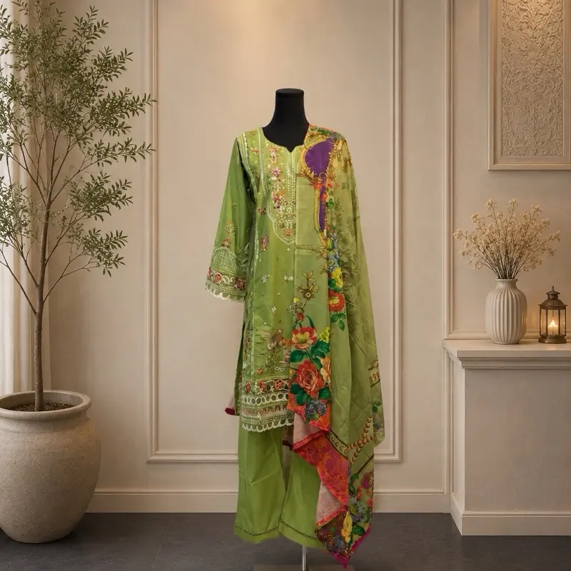 Pakistani dress designer by SADABaher Embroidered and  3-Piece Stitched Suit fabric is pure cotton scarf material cotton and is digital printed and the ready-to-wear nature of the outfit. Womenswear