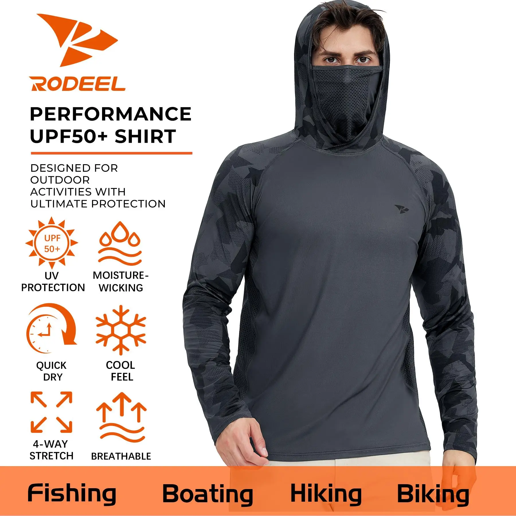 RODEEL 915 Sun Hoodie Shirts with Mask Neck Gaiter Men UPF 50+ UV Protection Raglan Long Sleeve Lightweight Quick Dry Moisture Wicking Breathable Cool