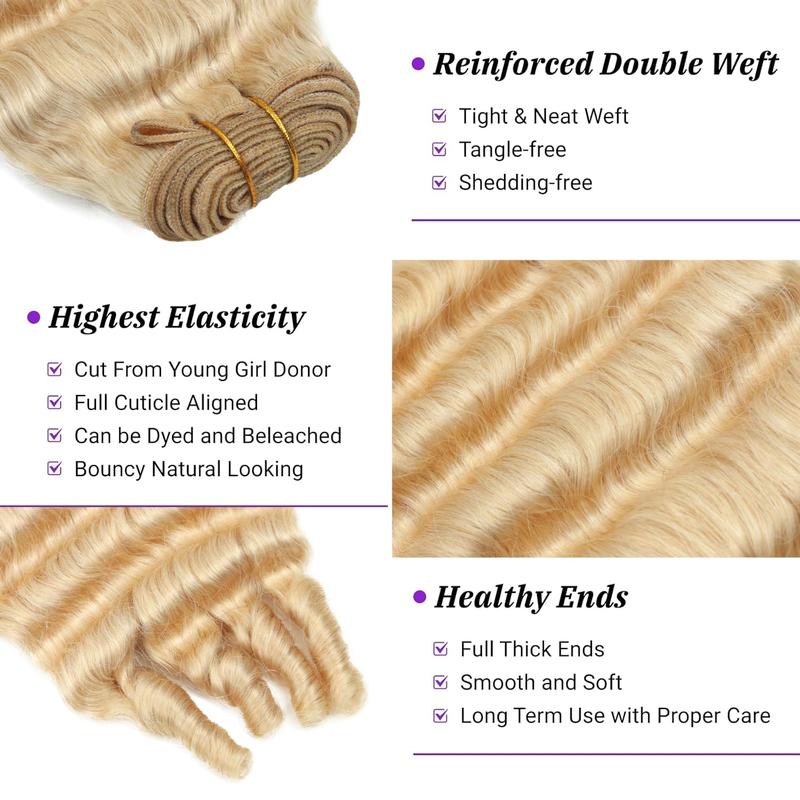 Burmese Curly Bundles Human Hair Water Wave 613 Honey Blonde 20 Inches 3C4A Quick Weave Extensions for Women 100% Unprocessed Virgin Hair Extra Thickness Easy Application