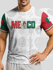 Men's Mexican Aztec Calendar Sport T-Shirt, Street Style Round Neck Short Sleeve Top, Loose-Fit All-Season Clothing