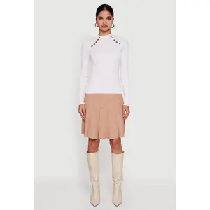 Metallic Button Detail Rib Knit High Neck Sweater