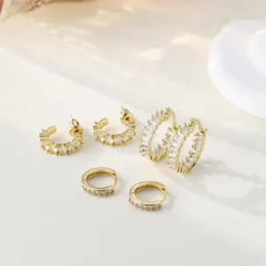14K Gold-Plated Hoop Earrings Set with Rhinestone Cubic Zirconia Chunky Small Gold-Plated Hoops Huggie Earrings for Women Gold Jewelry for Women
