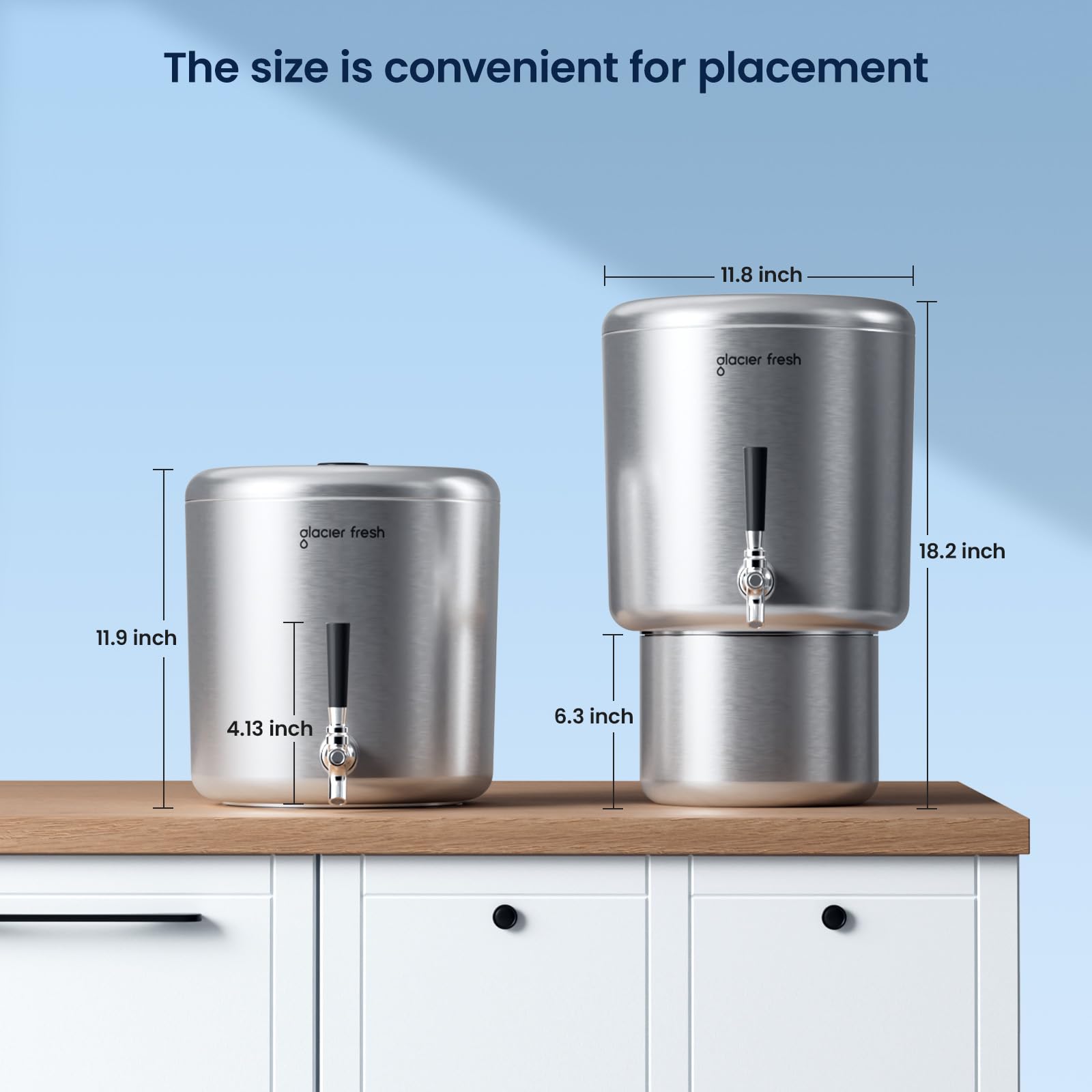 Glacier Fresh 2.25G Countertop Gravity-Fed Stainless Water Filter System with Nanofiber Filter for PFAS Microplastic Bacteria Virus Removal