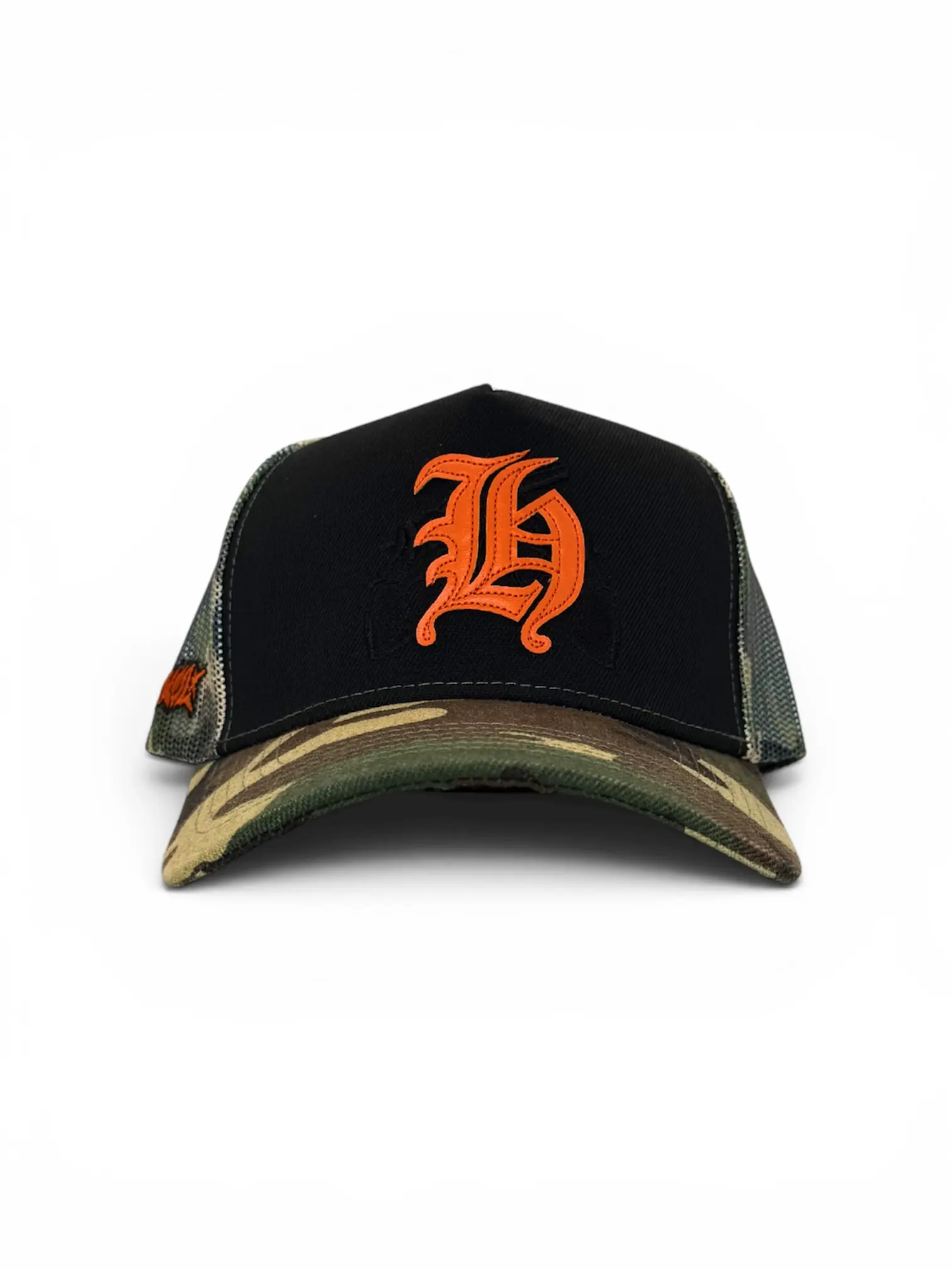 LEATHER PATCH OLD ENGLISH h TRUCKER CAMO HAT CUSTOM SNAPBACK