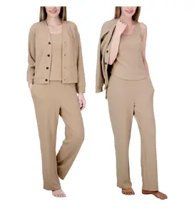 Live2Lounge Women's 3 Piece Textured Cable Knit Lounge Set (US, Alpha, Large, Regular, Regular, Tan)