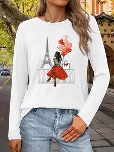 Parisian Love Print Long-Sleeved Women'S Loose Long-Sleeved T-Shirt, 210G Long-Sleeved Breathable Fabric, Suitable for Home, Commuting, Casual Entertainment And Other Commuting Wear, Daily Gatherings