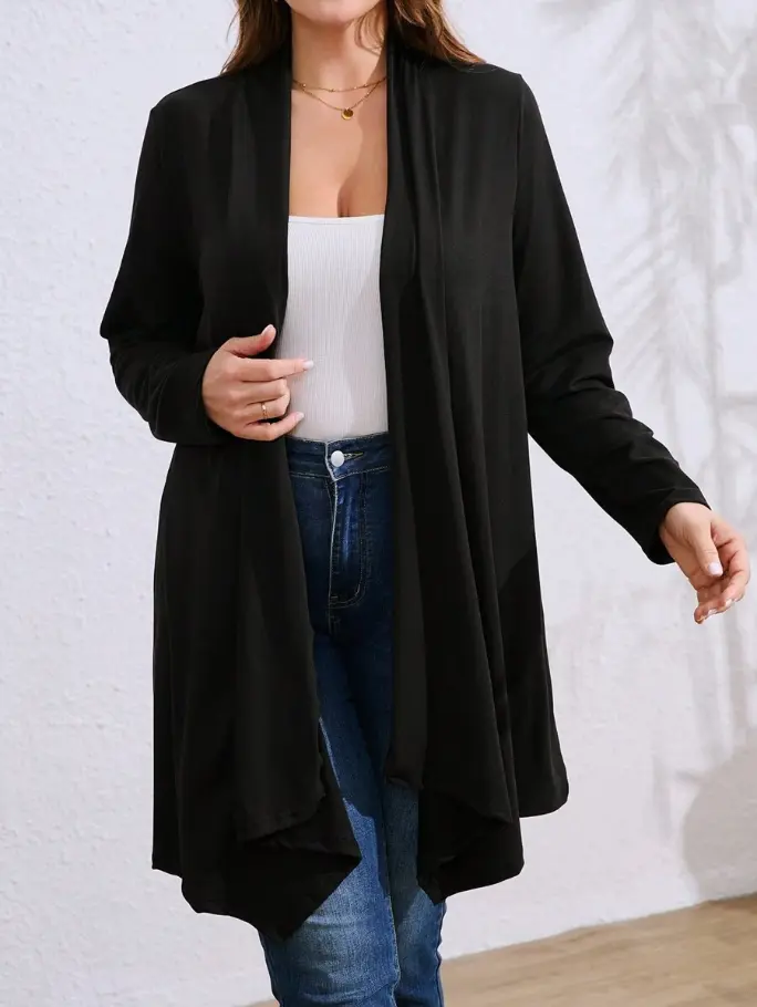 LUNA LAYER Plus Size Women Black Asymmetrical Hem Loose Casual Cardigan Sweater Long Sleeve Fall Top
