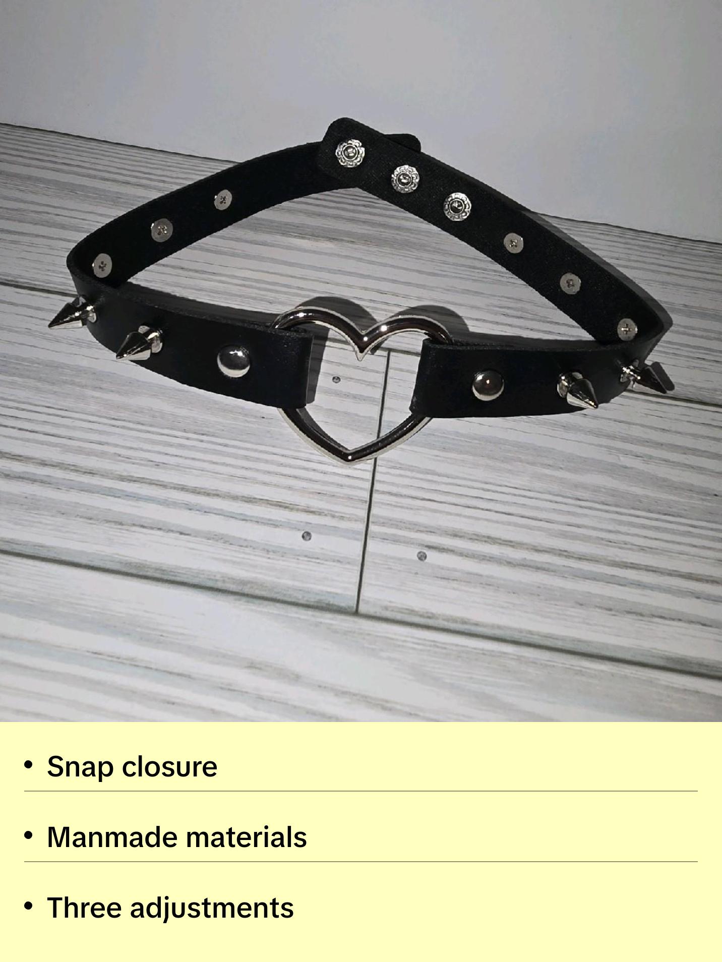 Heart and Spikes Choker Collar Fashion Accessory with Snap Closure and Three Adjustments Manmade Materials
