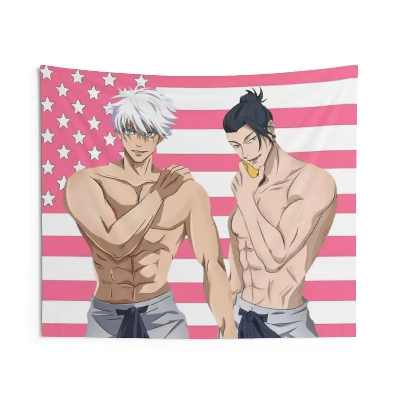 Pink Anime Gojo Geto Linen Tapestry - 90x60in All Over Print Wall Hanging, Living Room Room Decor, Cool Outdoors Camping Home Supplies