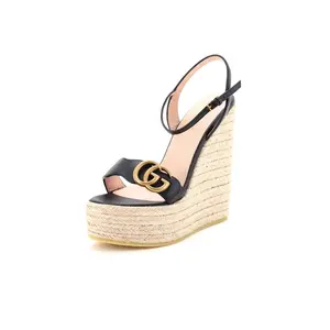 Pre-owned Gucci Women's GG Marmont Wedge Espadrille Sandals Leather by Rebag