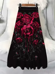 Elegant Rose Floral Long Skirt, High Waist Loose Fit, Comfortable All over Print, Casual Spring & Fall Fashion Womenswear for Women