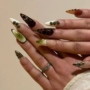 A7 Olive Gradient Tortoise Press-On Nails, Glossy Green Fade with 3D Bubble Design, Trendy Chic Style, Gift for Her