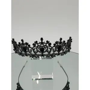 Crown with Black Stones #089 - 2 Inch Metal Alloy Regal Tiara with Dazzling Rhinestones & Bold Black Stones - Lead & Nickel Free - Includes Comb for Easy Wear
