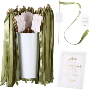 103 count Wedding Wands with Bells Set Includes 50 Sage Green Wedding Send Off Streamer 1 Galvanized Metal Bucket 50 Favor Tags 1 Photo Frame 1 Card for Anniversary Party Celebration Supplies