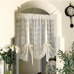 Soft Ruffled Bowknot Tie Up Floral Balloon Lace Sheer Kitchen Curtain Tiers Window Valance W55xL39 Inch Light Filtering