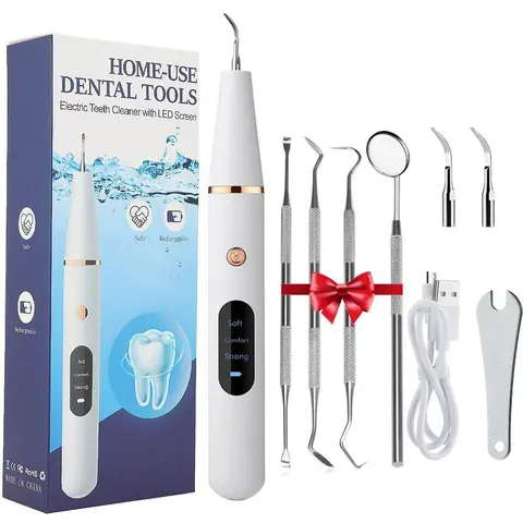 Portable Electric Tooth Cleaner, Teeth Cleaning Tool, 1 Box Rechargeable Teeth Polisher with LED Light & Tooth Tools & Replacement Heads, Dental Oral Irrigator