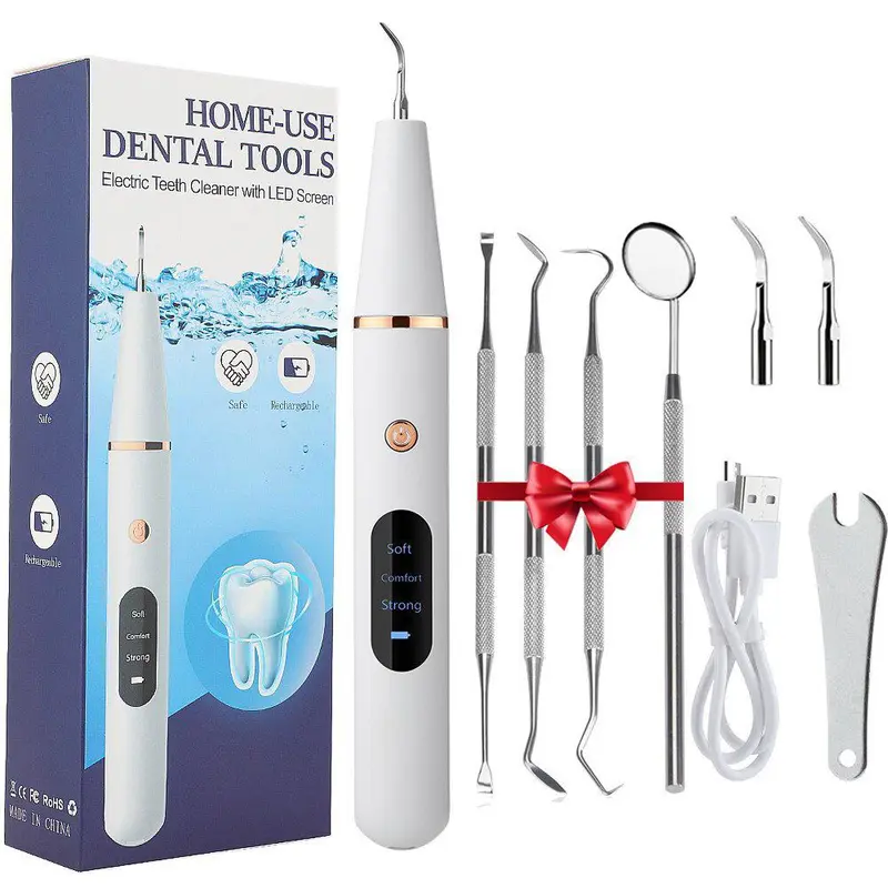 Portable Electric Tooth Cleaner, Teeth Cleaning Tool, 1 Box Rechargeable Teeth Polisher with LED Light & Tooth Tools & Replacement Heads, Dental Oral Irrigator