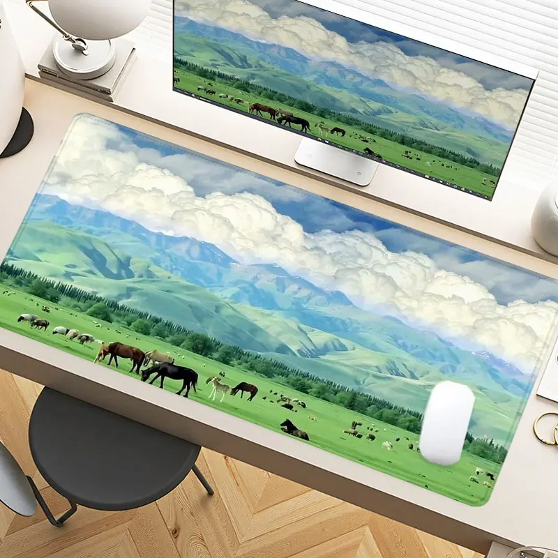 Green Pasture Mountain Sky Desk Pad Gaming Mousepad XXL Mouse Pad For Laptop Desk Mouse Pad Extra Large With Non-Slip Rubber Base Stitched Edges Surface For PC Gamers Office Workers & Home Use Desk Accessories Holiday Gift Idea