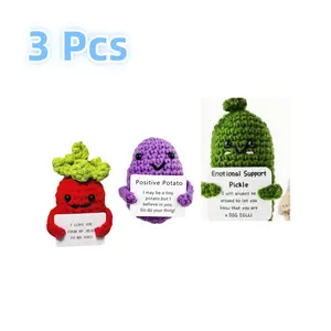 3 Pcs Cute knitted Cucumber Tomato dolls Handmade emotional support crocheted fruit gifts-fun stress relief toys Creative knitted dolls with positive affirmation cards- birthday gift home decoration