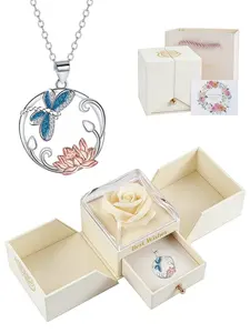 Lotus & Dragonfly Shadow Original niche fresh butterfly gem necklace.Paired with a surprise double-door preserved rose jewelry gift box.Ideal gift for festivals, birthdays, Mother’s Day and Valentine’s Day.
