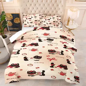 2/3Pcs Sweet Girl Style Black Cat Quilted Comforter Set, Cute Apple & Bow Print, Soft Warm Breathable Bedding Set, for Kids Girls Dorm, Bedroom, Aesthetic Decor, Comforter With Filling, Pillowcases Without Filling