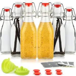 Vanilla Extract Bottles [8.5 oz, 6-Pack] Flip Top Swing Top Glass Bottles for Homemade Extracts, Kombucha, Coquito, Juice Airtight Leak-Proof Caps with Funnel, Extra Gaskets, Labels & Marker