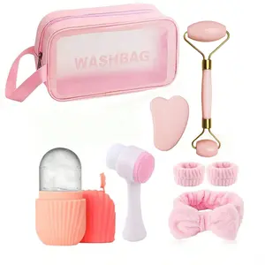 8-Piece Facial Massage & Cleansing Set with Deep-Cleansing Mask Brush Velvet Headband Gua Sha Board Ice Cube Tray & Storage Bag for Women