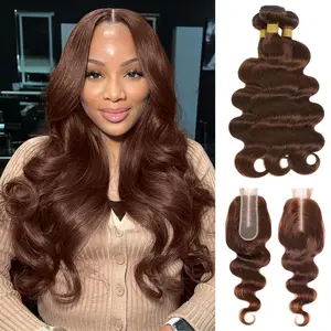 AUROO Chocolate Brown Bundles with HD Closure Body Wave Human Hair, Color #4 Dark Brown 3 Bundles with 2x6 Long Deep Part Lace Closure With Baby Hair, 100% Real Human Hair