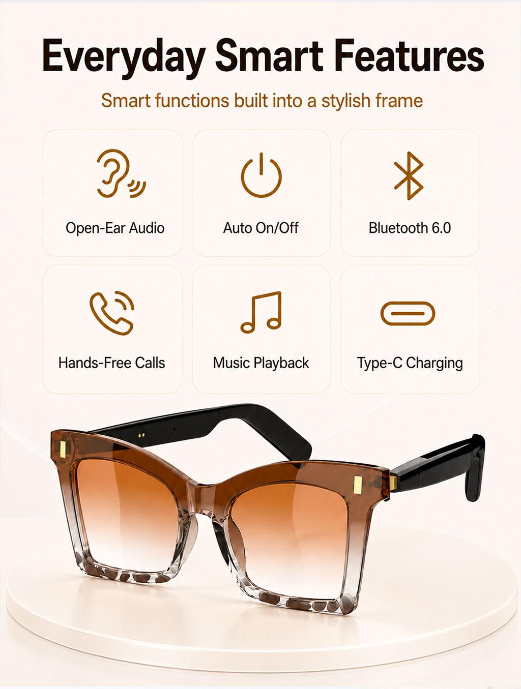 Smart Bluetooth Glasses, Bluetooth Audio Glasses, Auto Power On When Worn, Bluetooth Headset Sunglasses, Open-Ear Audio, Hands-Free Calling, Music Playback, Touch Control, Voice Assistant, Women's Sunglasses, Beach Sunglasses, Holiday Gift tiktokshopbackt