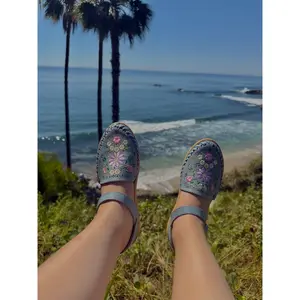 Cielo Floral Embroidered Dusty Blue Leather Huaraches