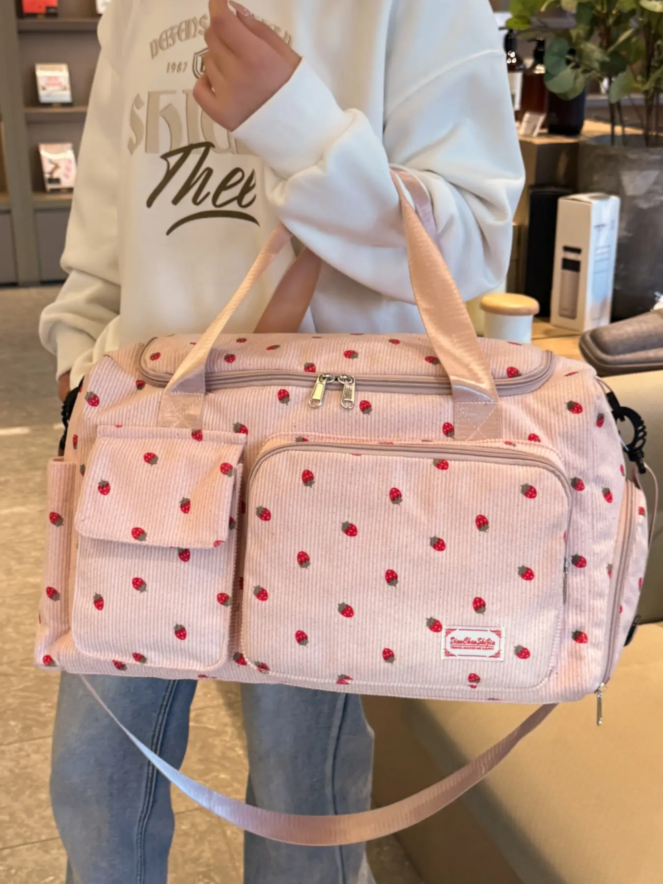 Stylish Commuter Strawberry Summer Travel Duffel Bag, Large Capacity Corduroy Luggage for Women, Lightweight Handheld Tote with Wet Dry Separation, Casual Commuter Bag, Travel Duffle Bags
