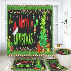 1/4pcs Christmas Theme Shower Curtain Set with Tree and Hat, Holiday Design, Non-Slip Mat, U-Shaped Rug, Toilet Lid Cover, Includes 12 Hooks