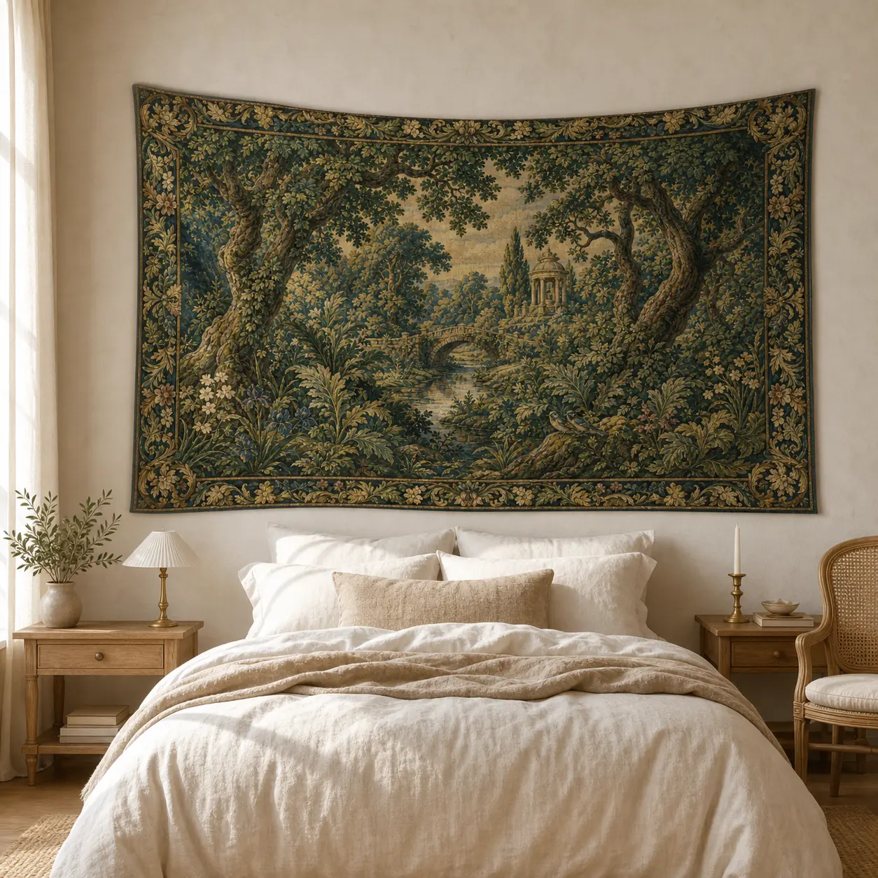 Medieval Forest Wall Tapestry, Vintage Verdure Woodland Landscape Art, Lightweight Linen Fabric Wall Hanging for Bedroom and Living Room Decor