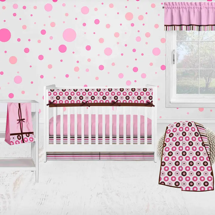 Bacati Mod Dots Stripes 6-Piece Crib Bedding Set with Long Rail Guard Cover - Pink/Fuschia/Beige/Chocolate