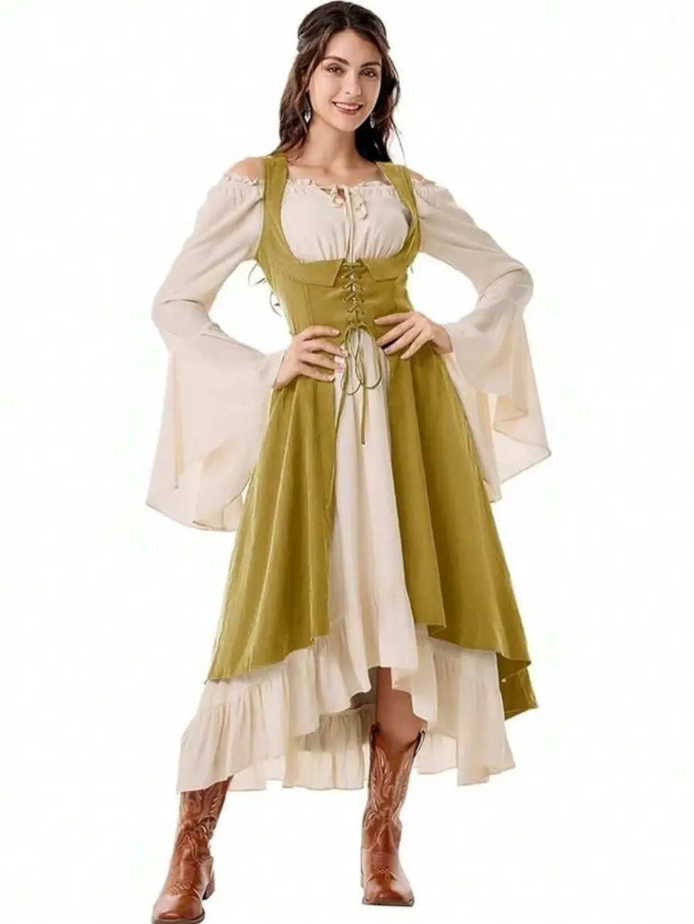 Women's Medieval Renaissance Costume Dress, Pirate Peasant High-Low Hem Outfit for Halloween Party & Cosplay