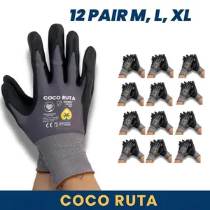 COCO RUTA 12 Pairs Work Gloves, Nitrile Foam Coated for Grip and Breathability, General Purpose Manual Handling Safety Gloves, Sizes M, L, XL (12-Pack, Grey/Black)