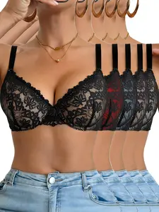 Set of 5 Women'S Sexy Lingerie, LaceSemi-Transparent Underwire Push-UpBra, Everyday Women'S Bra