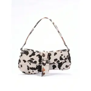 Cow Print Studded Motorcycle Style Shoulder Bag, Cow Dot Print Women's Tote Bag Casual Underarm Bag, Y2K Hobo Bag