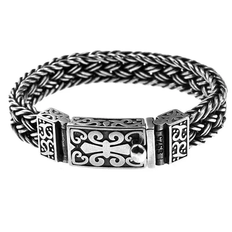 Generic Brand Men's Stainless Steel Foxtail Chain Bracelet with Genuine Leather - 8.85 in L, 0.7 in W, 0.19 in Thickness, 37 g, Silver/Black/Polished Finishes, Rust Resistant, Discoloration Resistant, Retro, Gift Boxed Men's Costume Jewelry Accessory