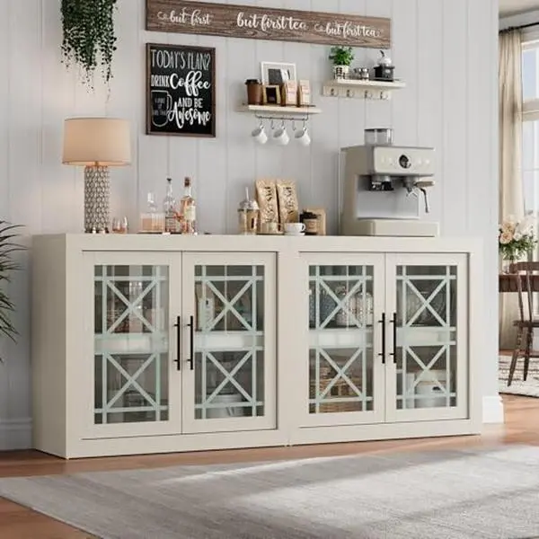 GARVEE 71" White Modern Tall Buffet Sideboard with Storage & 4 Glass Doors, Large Storage Furniture for Dining Room, Living Room