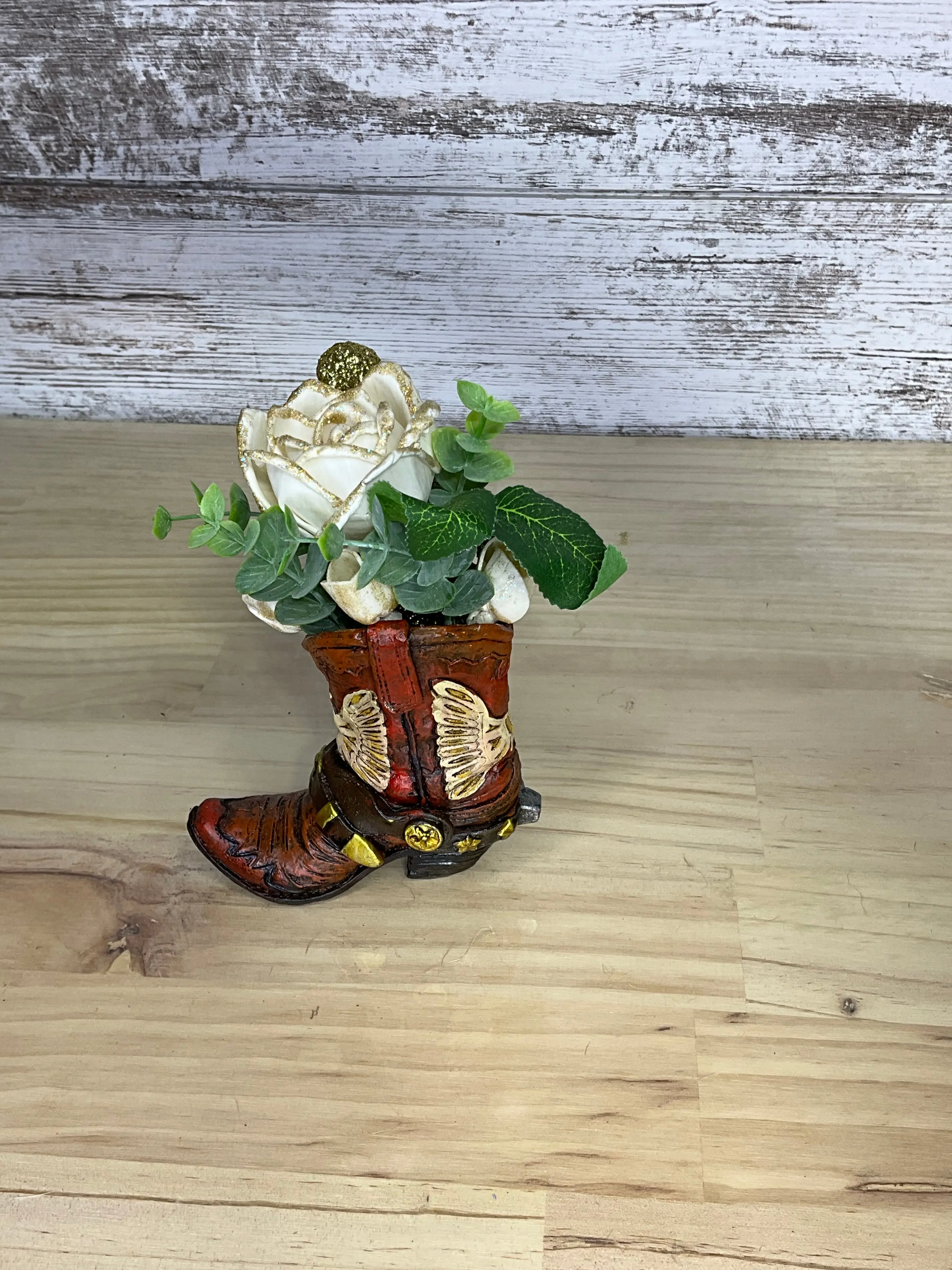 White Gold-Tipped Glitter-Tip Sola Wood Rose & Eucalyptus Leaf Flower Arrangement in Decorative Cowboy Boot Vase, Wedding Gift, Rodeo Party Cowboy Chic Table Decoration